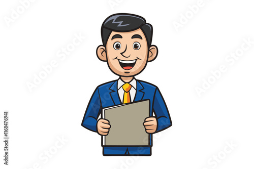 Cartoon illustration of a professional man in a corporate suit holding a document, symbolizing business communication or corporate presentation