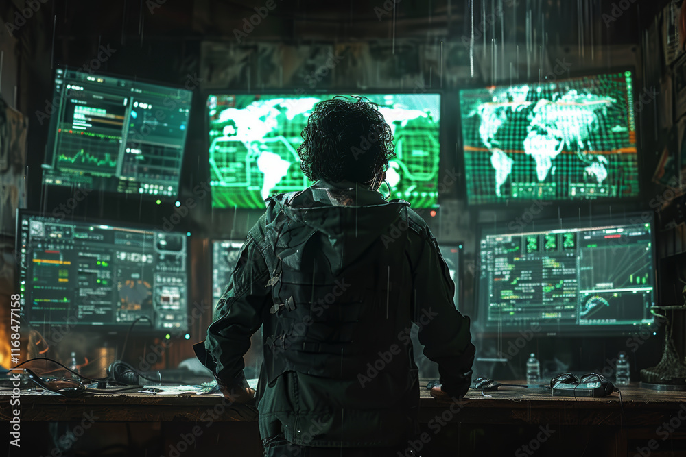 Person Observing Multiple Screens in a Dark Room During Rain