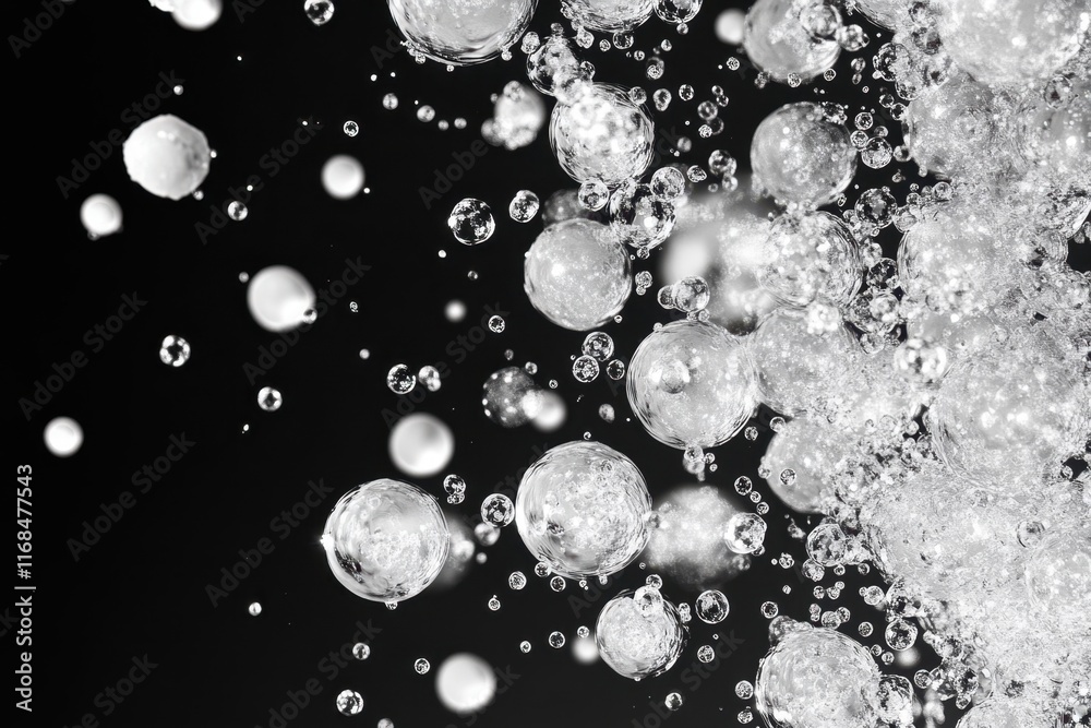 Bubbles rising and bursting in a dark background creating a captivating visual effect Bubbles rising and bursting in a dark background creating a captivating visual effect