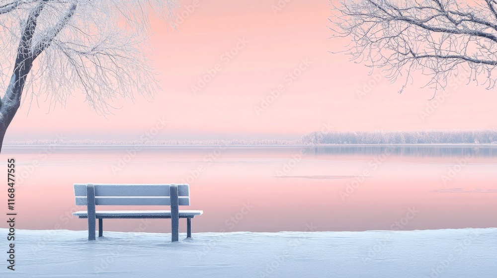 tranquil winter landscape with inviting snow covered bench, elegant frosted tree sentinels, dreamy pastel sunrise palette, perfectly still frozen lake surface, crystalline winter wonderland, gentle tranquil winter landscape with inviting snow covered bench, elegant frosted tree sentinels, dreamy pastel sunrise palette, perfectly still frozen lake surface, crystalline winter wonderland, gentle