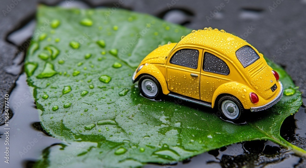 Miniature Yellow Car on Green Leaf with Water Droplets, Macro Photography with Sunlight Background Miniature Yellow Car on Green Leaf with Water Droplets, Macro Photography with Sunlight Background