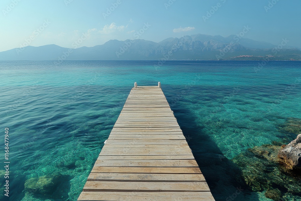 Fototapeta premium Serene Ocean View with Wooden Pier at Sunset