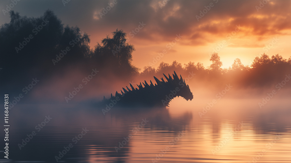 Naklejka premium Fantastyczne stworzenie wynurza się z jeziora o świcie, jego sylwetka ledwo widoczna przez unoszącą się mgłę, tworząc aurę tajemniczości.