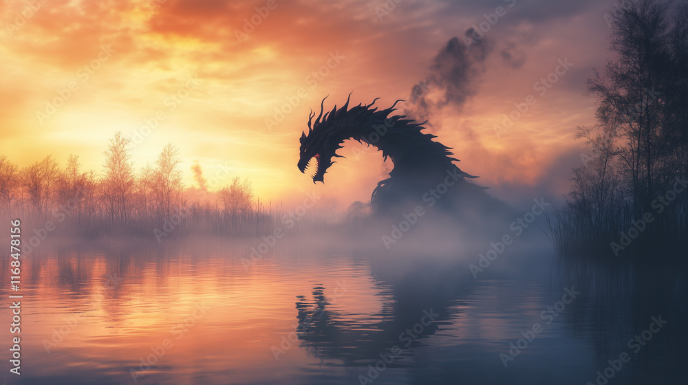 Fototapeta premium Fantastyczne stworzenie wynurza się z jeziora o świcie, jego sylwetka ledwo widoczna przez unoszącą się mgłę, tworząc aurę tajemniczości.