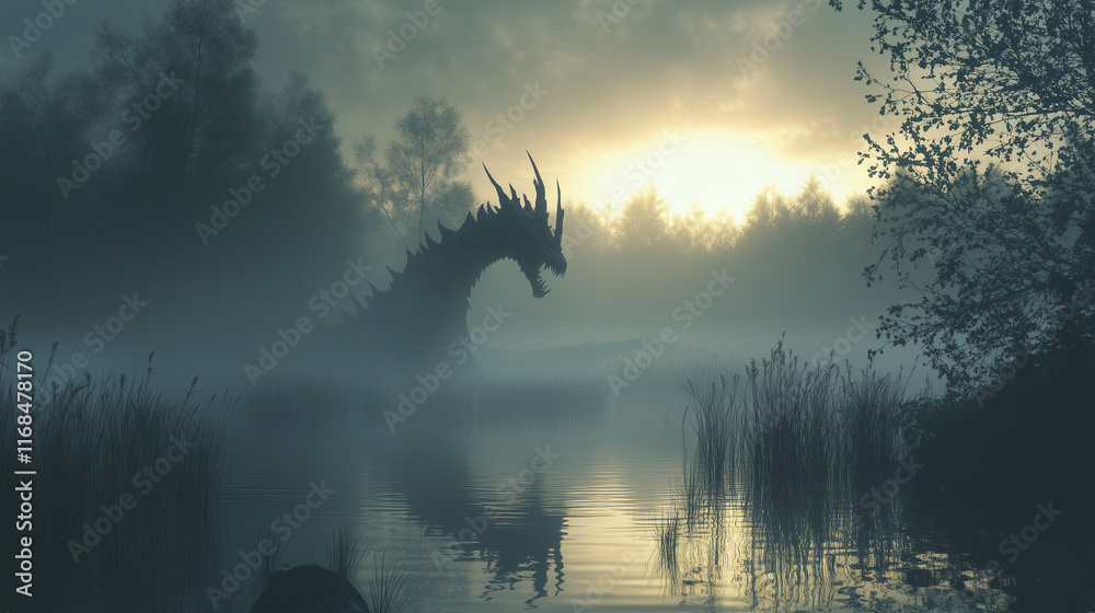 Fototapeta premium Fantastyczne stworzenie wynurza się z jeziora o świcie, jego sylwetka ledwo widoczna przez unoszącą się mgłę, tworząc aurę tajemniczości.