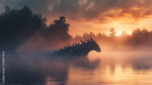 Fantastyczne stworzenie wynurza się z jeziora o świcie, jego sylwetka ledwo widoczna przez unoszącą się mgłę, tworząc aurę tajemniczości. photo