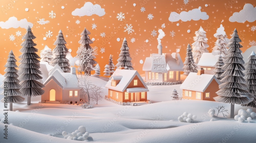 Fototapeta premium magical winter paper scene with cozy illuminated homes, majestic emerald pines, ethereal snow drifts, warm apricot winter sky, dimensional paper snowfall, delicate white cutout clouds, dreamy winter