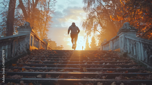 Morning Jogger Ascends Steps in Autumn Park at Sunrise