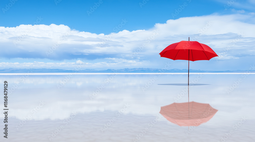 Naklejka premium Czerwony parasol na tle nieskończonego solniska, z jego wyrazistym odbiciem w gładkiej, błyszczącej tafli.