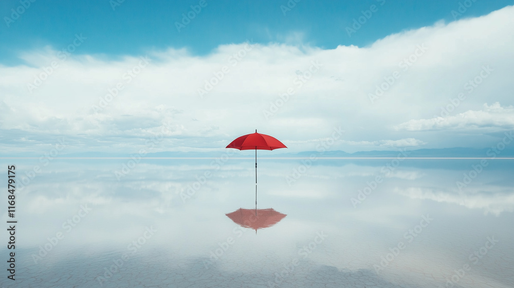 Naklejka premium Czerwony parasol na tle nieskończonego solniska, z jego wyrazistym odbiciem w gładkiej, błyszczącej tafli.