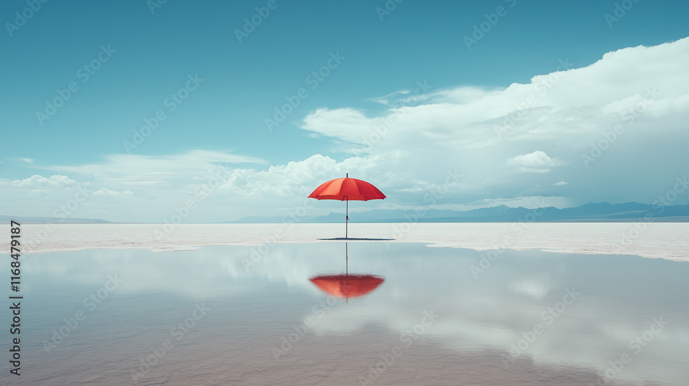 Fototapeta premium Czerwony parasol na tle nieskończonego solniska, z jego wyrazistym odbiciem w gładkiej, błyszczącej tafli.
