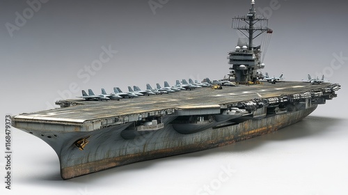 Weathered aircraft carrier model with fighter jets on deck.