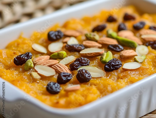 Traditional Dessert Garnished with Nuts, Raisins, and Pistachios for Celebrations photo