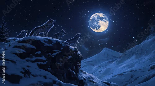 Fototapeta samoprzylepna Wilki zebrane na zaśnieżonym szczycie górskim, wznoszą swoje wycie ku jasnemu księżycowi, otulone chłodnym blaskiem gwiaździstej nocy.