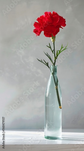 single red carnation in glass bottle on white table