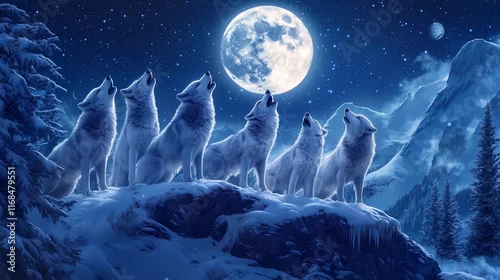 Fototapeta samoprzylepna Wilki zebrane na zaśnieżonym szczycie górskim, wznoszą swoje wycie ku jasnemu księżycowi, otulone chłodnym blaskiem gwiaździstej nocy.
