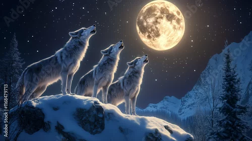 Fototapeta samoprzylepna Wilki zebrane na zaśnieżonym szczycie górskim, wznoszą swoje wycie ku jasnemu księżycowi, otulone chłodnym blaskiem gwiaździstej nocy.