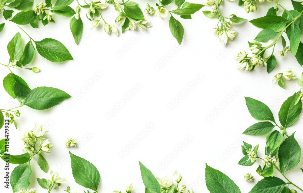 White flowers and green leaves frame on white background. White flowers and green leaves frame on white background.