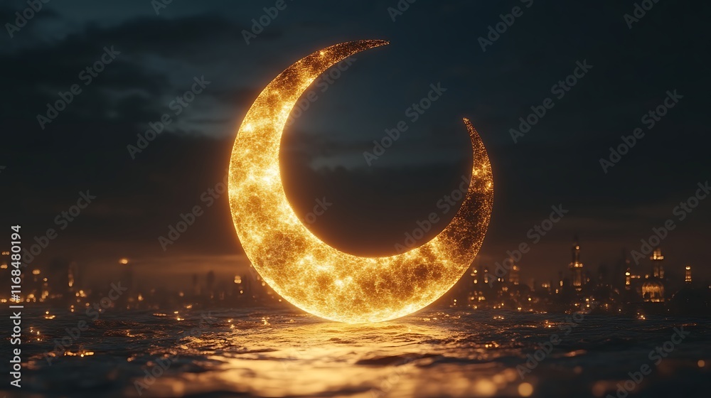 Fototapeta premium Glowing Crescent Moon Over Futuristic Cityscape
