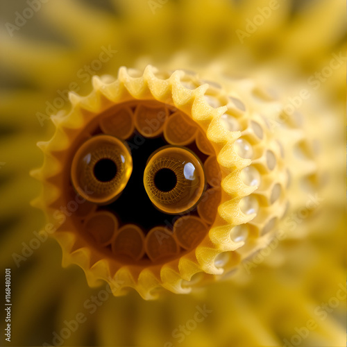 This macro image of a rotifer reveals a small organism composed of intricately designed layers that are made up of thin ovalshaped plates. Its two eye spots are photo