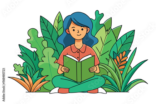 Young woman reading a book while surrounded by vibrant green leaves and plants, creating a tranquil and nature inspired setting