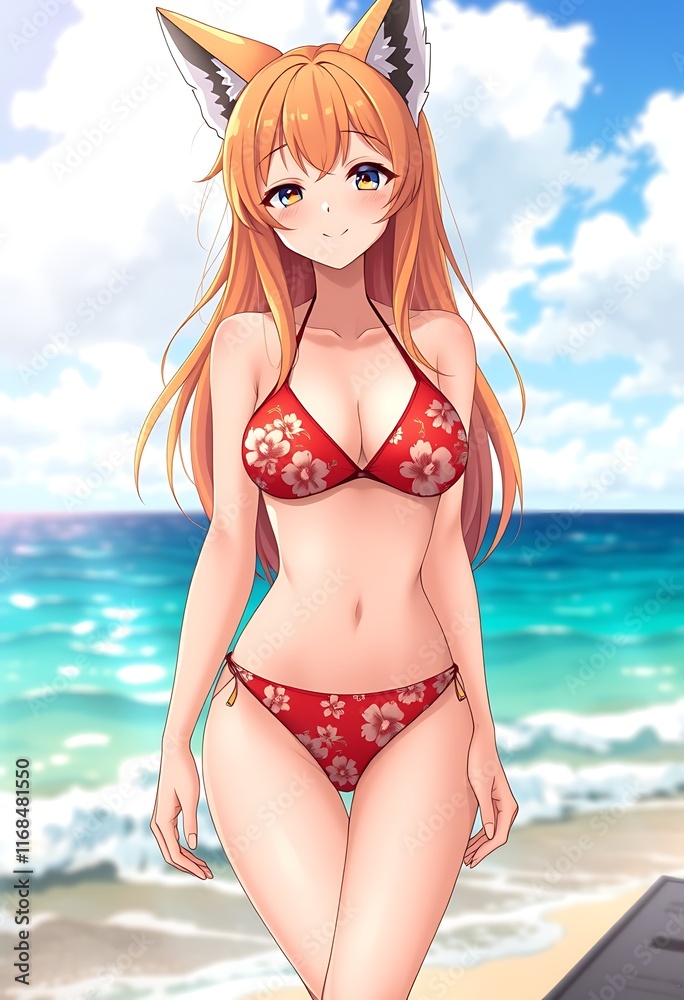 Anime Fox Girl Beach Bikini Red Floral Summer Delightful Anime Fox Girl Beach Bikini Red Floral Summer Delightful
