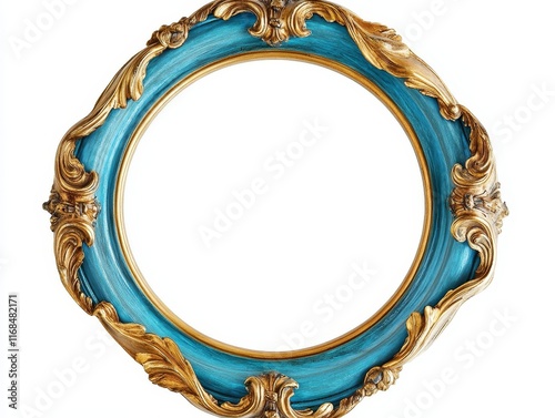 Teal and gold ornate circular frame isolated on white. (1) photo