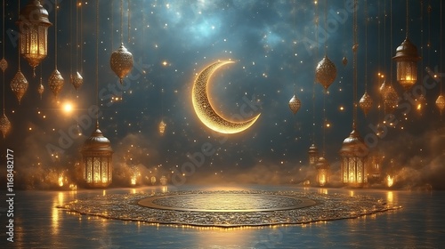 Golden Lanterns Illuminate Crescent Moon Night Scene