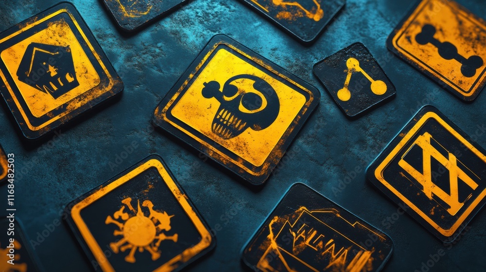 Obraz premium A collection of hazard warning signs, including skull and crossbones, laser hazard, and high voltage