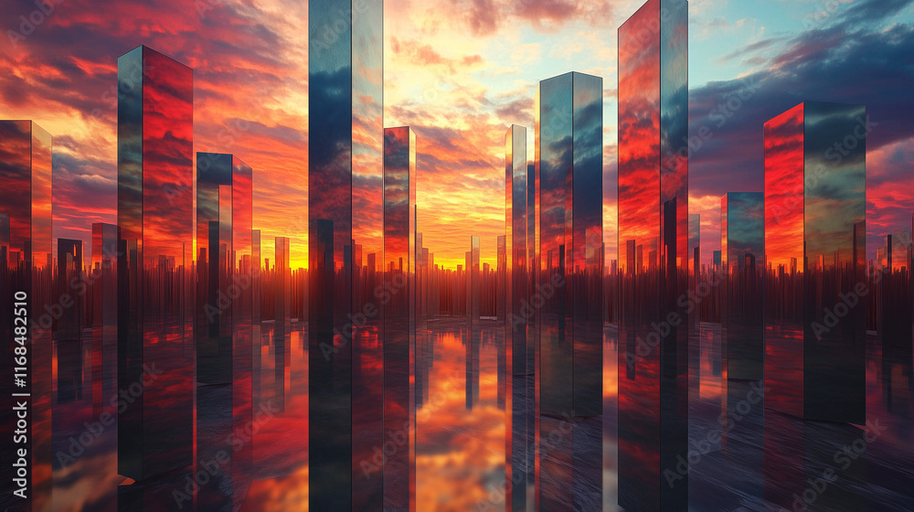 Obraz premium Lustrzane ściany labiryntu przechwytują żywe kolory zachodu słońca, wzmacniając wrażenie nieskończoności i tajemnicy. 