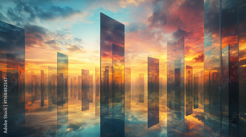 Fototapeta premium Lustrzane ściany labiryntu przechwytują żywe kolory zachodu słońca, wzmacniając wrażenie nieskończoności i tajemnicy. 