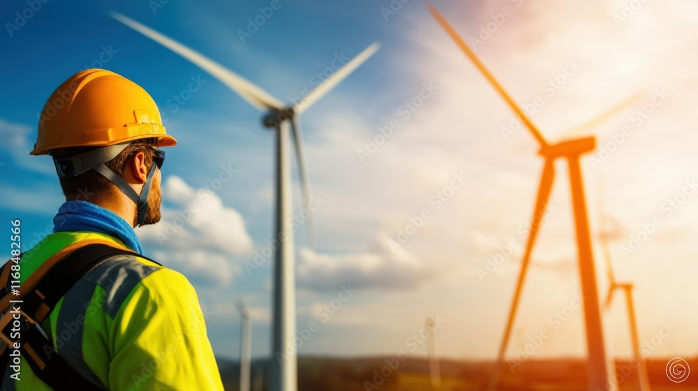 A wind turbine technician examines turbines against a bright sky during sunset. A wind turbine technician examines turbines against a bright sky during sunset.