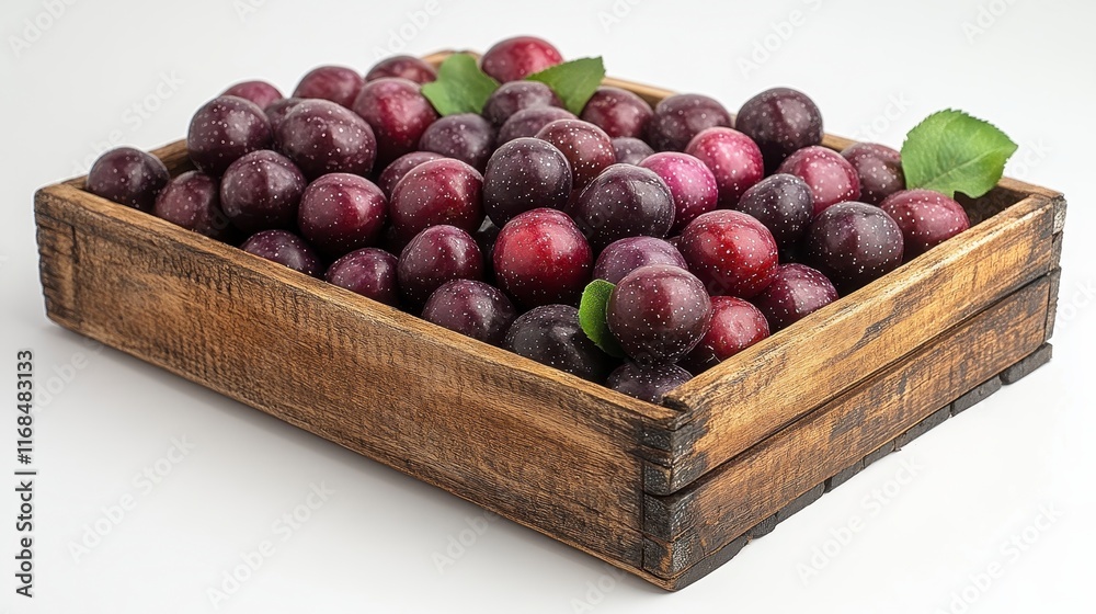 Fresh, ripe plums in a rustic wooden crate. Fresh, ripe plums in a rustic wooden crate.