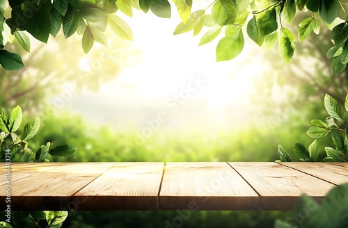 Empty wooden table top with a green valley and mountain landscape in the background, spring podium