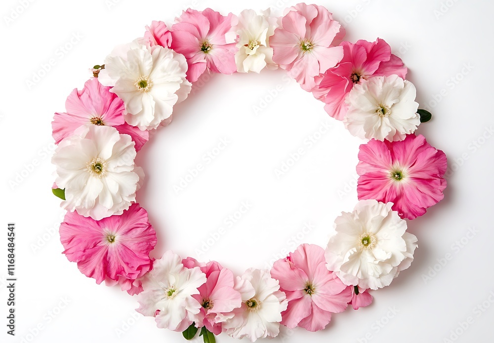 Fototapeta premium Flat lay of a floral frame made from pink and white flowers, spring summer frame