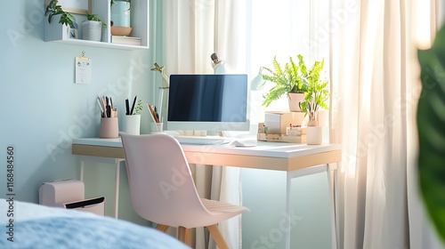 Bright and Inviting Home Office Space with Modern Decor and Plants