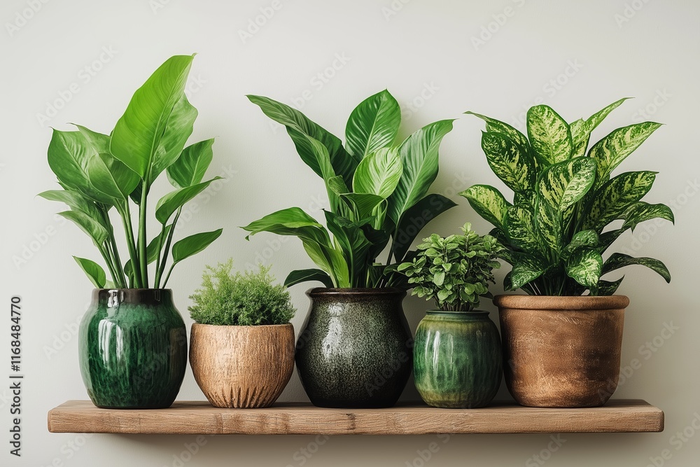 Fototapeta premium This image showcases beautiful potted plants arranged on a shelf, perfect for indoor gardening enthusiasts looking to enhance their living space.