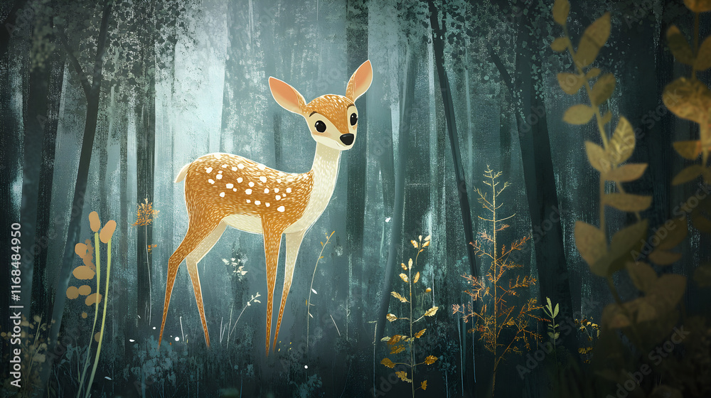 Naklejka premium Whimsical Harmony: A Small Deer in a Tranquil Digital Forest