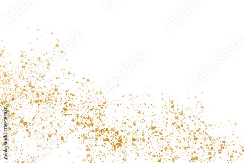 Gold glitter shiny particles, glow, golden splatter. Border of festive gold placer for your design