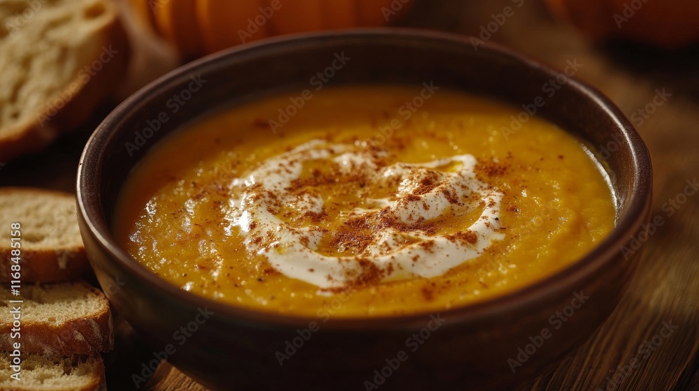 Creamy Pumpkin Soup Topped with Cinnamon in Rustic Bowl on Wooden Table.. Creamy Pumpkin Soup Topped with Cinnamon in Rustic Bowl on Wooden Table..