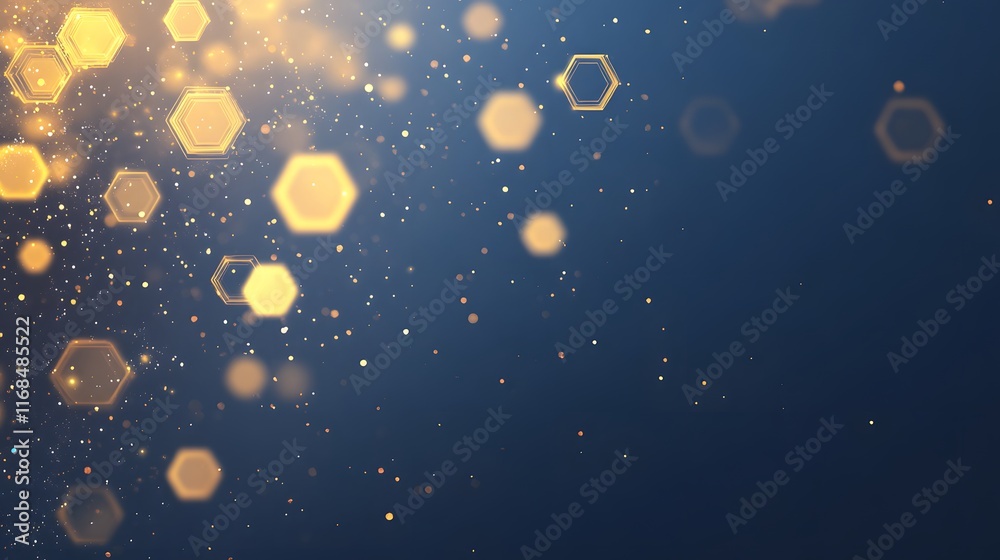 Golden Hexagons and Sparkling Dust on Dark Blue Background Golden Hexagons and Sparkling Dust on Dark Blue Background