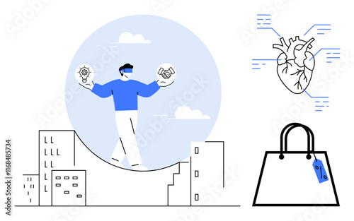Businessperson balancing light bulb and handshake on inclined rooftop. Heart with data circuits and shopping bag with price tag. Ideal for business ethics, innovation, urban challenges, technology