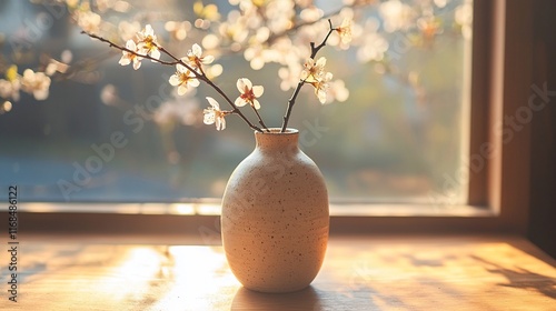 Blooming cherry branches in a speckled vase on a windowsill, backlit by warm sunlight.
