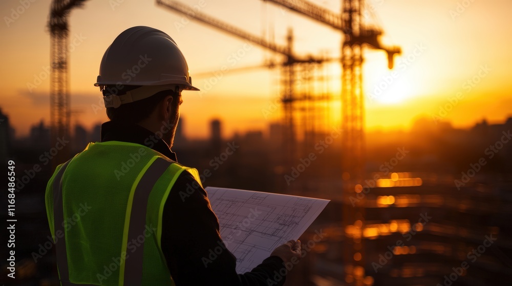 Construction worker overseeing building plans at sunset on a construction site. Construction worker overseeing building plans at sunset on a construction site.