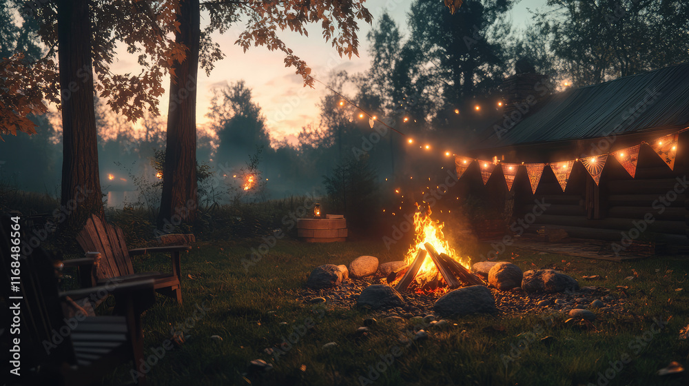 Obraz premium A cozy outdoor celebration featuring a crackling bonfire, rustic wooden decorations, twinkling string lights draped above, and colorful festive banners
