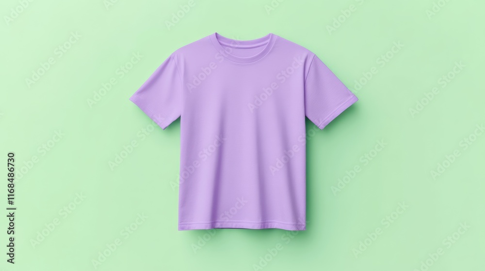 A plain lavender t-shirt displayed against a mint green background. A plain lavender t-shirt displayed against a mint green background.