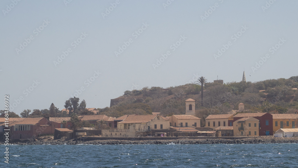 Seaside view of ilee de goree, slave island in the bay of Dakar, export point for slaves from africa to the world..