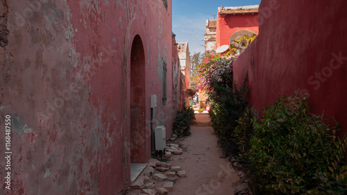 Obraz na płótnie Alley in red color on the famous island of Goree, close to Dakar, known for being the last station of african slaves before being exported to other countries.. w salonie