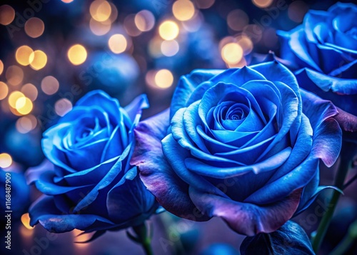 Close-up of Stunning Blue Roses, Night Photography, Floral Background