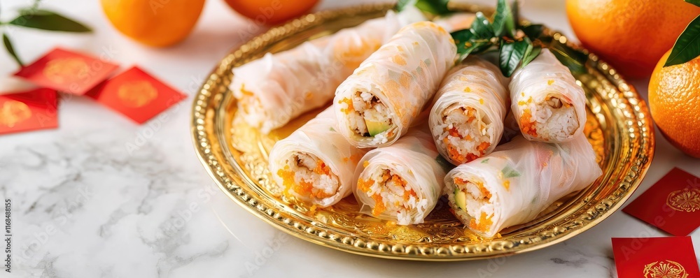 Chinese new year food spring rolls. Spring rolls on a golden platter, surrounded by oranges and red envelopes, symbolizing wealth and luck for New Year Chinese new year food spring rolls. Spring rolls on a golden platter, surrounded by oranges and red envelopes, symbolizing wealth and luck for New Year